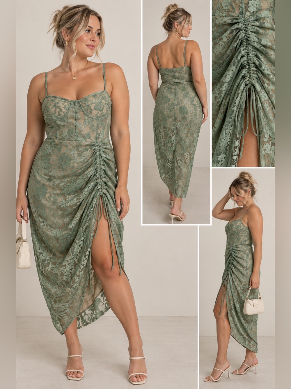 Cider Sage Green Bridesmaid Dress Lace Ruched High-Low Midi Size L